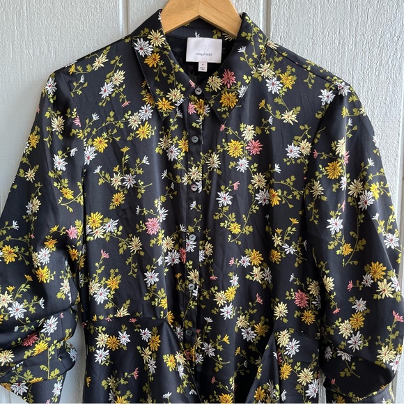 Cinq à Sept Jacey Floating Daisies Shirtdress High Low in Black Multi Size 8 - Picture 3 of 12